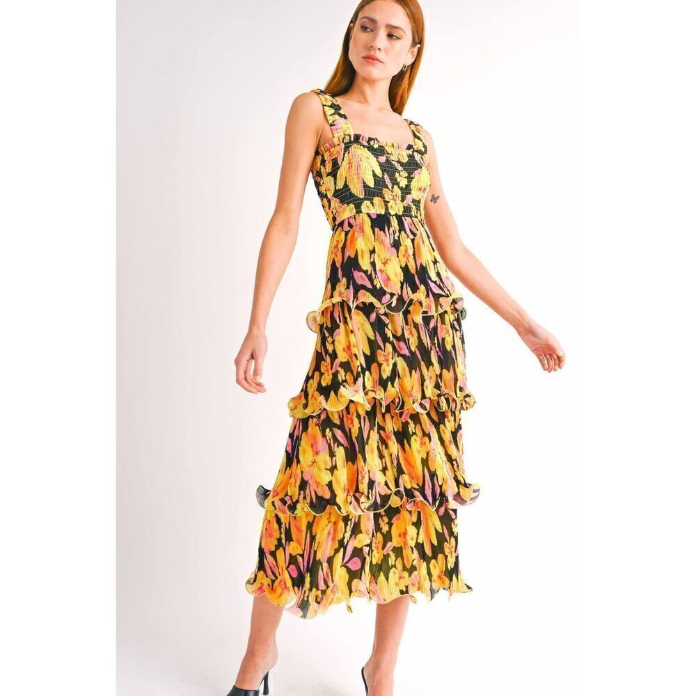Reset By Jane Yellow Floral Midi Dress size S NWOT$160 - Picture 2 of 9